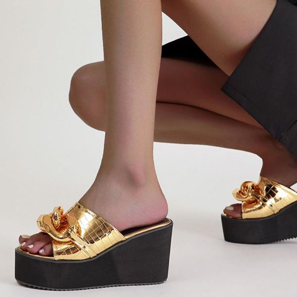 slippers bonjomarisa luxury open toe metal chain golden platform high wedges slip on women outdoor summer leisure casual sandals, Black
slippers bonjomarisa luxury open toe metal chain golden platform high wedges slip on women outdoor summer leisure casual sandals, Black