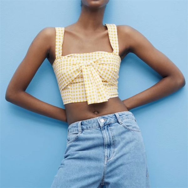 women summer plaid tank camis za sleeveless bow tie elastic bust casual short female sweet tunic blusas 210513, White
women summer plaid tank camis za sleeveless bow tie elastic bust casual short female sweet tunic blusas 210513, White