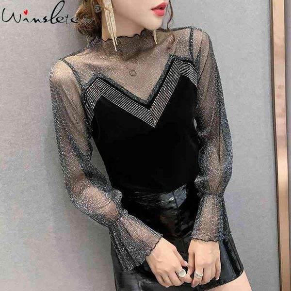 women's t-shirt spring fall korean clothes girls chic shiny diamonds mesh patchwork velvet women flare sleeve tees t1160, White
women's t-shirt spring fall korean clothes girls chic shiny diamonds mesh patchwork velvet women flare sleeve tees t1160, White