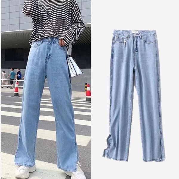 women's jeans 2021 versatile female denim wide leg pants side slit mopping women high waist streetwear, Blue
women's jeans 2021 versatile female denim wide leg pants side slit mopping women high waist streetwear, Blue