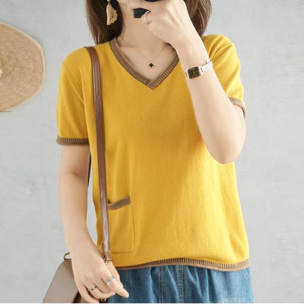 women's t-shirt plus size fashion patchwork short sleeve women casual v-neck knitted with pocket 2021 new knitwear tee female, White
women's t-shirt plus size fashion patchwork short sleeve women casual v-neck knitted with pocket 2021 new knitwear tee female, White