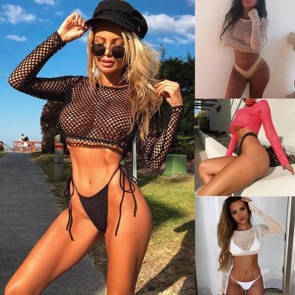 womens fishnet mesh see through long sleeve crop clubwear cover up women's swimwear, White;black
womens fishnet mesh see through long sleeve crop clubwear cover up women's swimwear, White;black