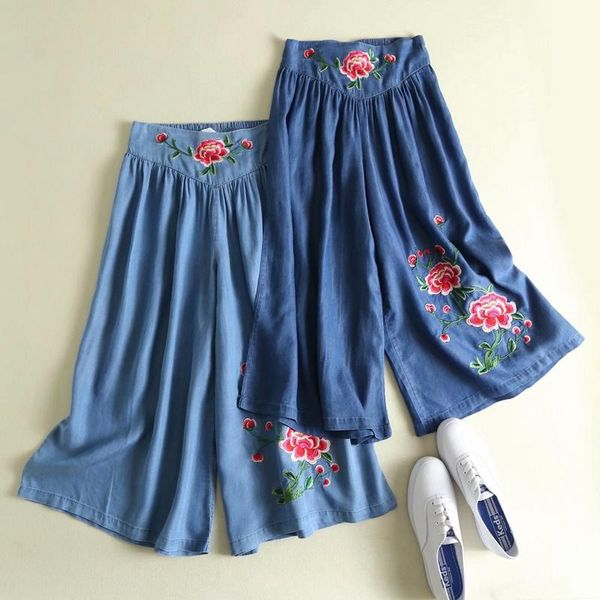 women's pants & capris national style floral embroidery denim wide-leg female calf-length, Black;white
women's pants & capris national style floral embroidery denim wide-leg female calf-length, Black;white