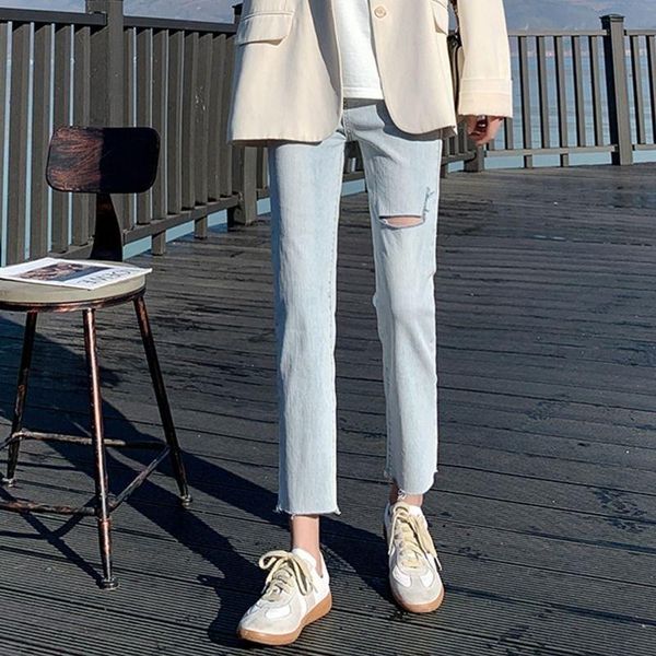 light color pierced jeans women's spring wear 2021 high waist loose thin straight pipe pants, Blue
light color pierced jeans women's spring wear 2021 high waist loose thin straight pipe pants, Blue