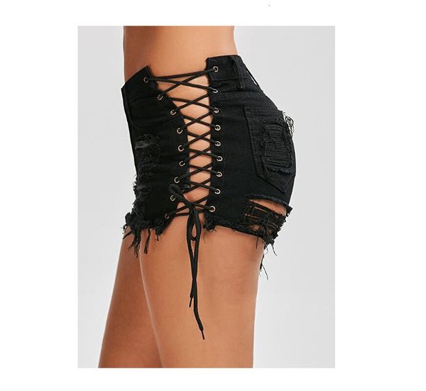 women's denim bandage high waist shorts ripped short pants women, Blue