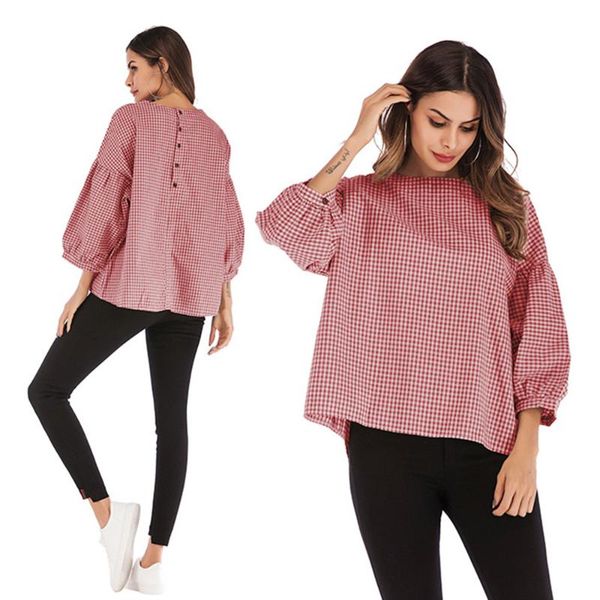 women's t-shirt round neck fashion plus size puff sleeve loose t-shirts long o-neck grid printed women autumn back button tee, White 
women's t-shirt round neck fashion plus size puff sleeve loose t-shirts long o-neck grid printed women autumn back button tee, White