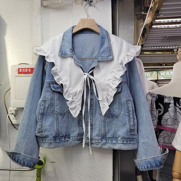 women's jackets vintage lotus leaf collar lace patchwork women washed light blue denim outerwear casual autumn harajuku long sleeve jea, Black;brown
women's jackets vintage lotus leaf collar lace patchwork women washed light blue denim outerwear casual autumn harajuku long sleeve jea, Black;brown