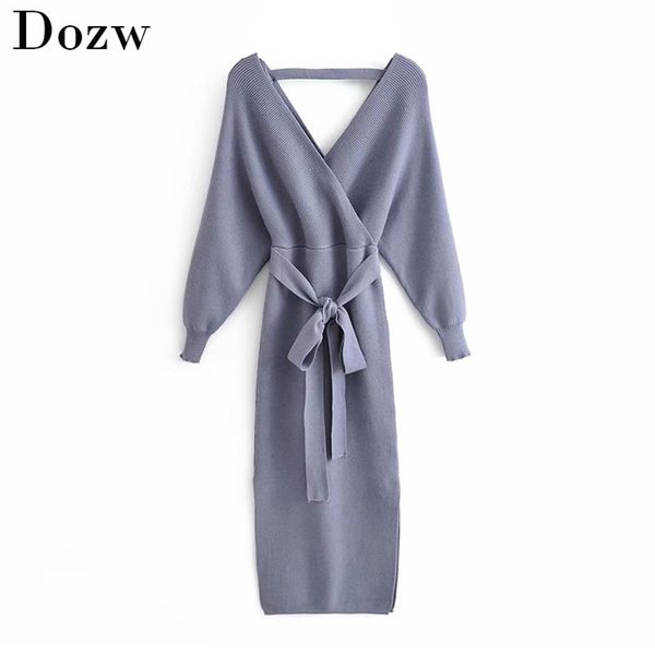 casual sweater long dress women elegant batwing sleeve sashes party side split backless solid es vestidos 210515, Black;gray
casual sweater long dress women elegant batwing sleeve sashes party side split backless solid es vestidos 210515, Black;gray