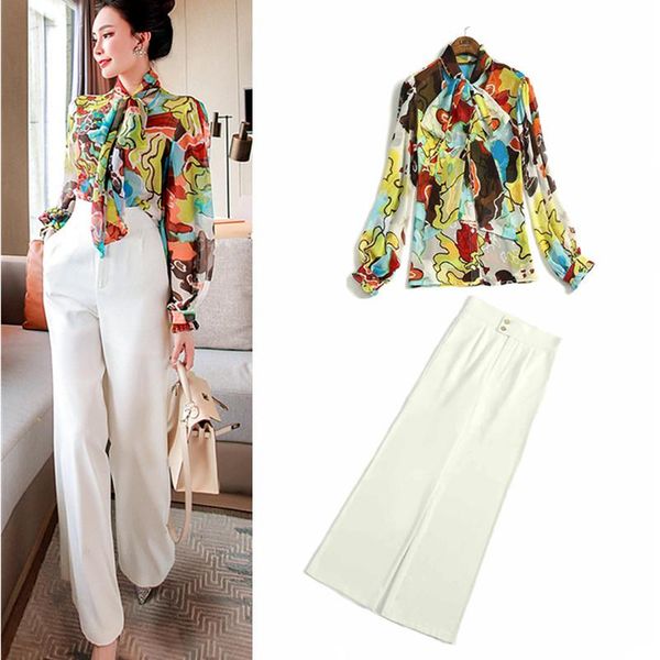 office lady clothing set women summer spring colorful floral print loose bows blouse and big leg party pants suits ns295 women's two p, White
office lady clothing set women summer spring colorful floral print loose bows blouse and big leg party pants suits ns295 women's two p, White