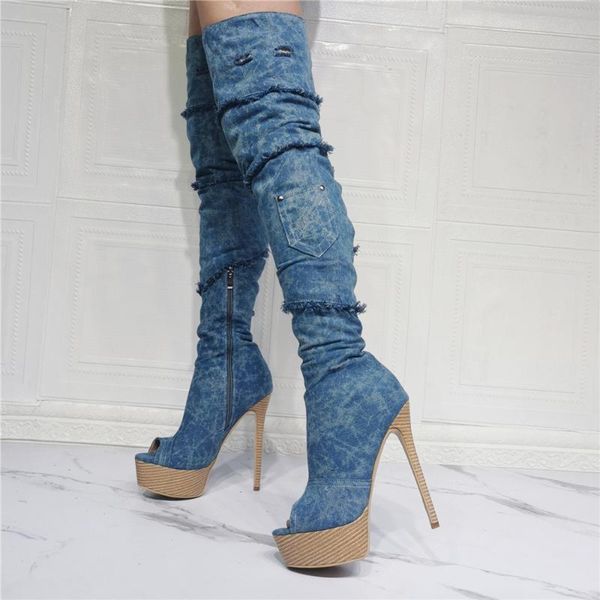 boots women's peep toe shoes blue denim platform high heels over the knee for ladies zipper big legs 47, Black
boots women's peep toe shoes blue denim platform high heels over the knee for ladies zipper big legs 47, Black