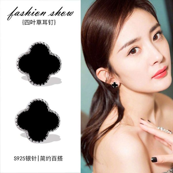 new products recommended 925 silver clover anti allergy earpin, Black 
new products recommended 925 silver clover anti allergy earpin, Black