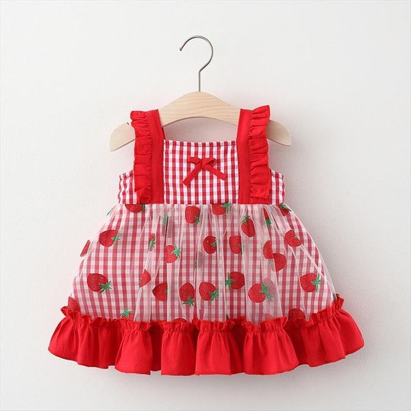 baby girl summer plaid red dress strawberry ruffle cute mesh princess girls toddler kids child clothes, Red;yellow
