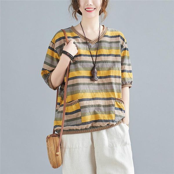 women's t-shirt summer t shirts 2021 arrival loose casual tshirt patchwork cotton linen striped vintage shirt women all-match, White
women's t-shirt summer t shirts 2021 arrival loose casual tshirt patchwork cotton linen striped vintage shirt women all-match, White