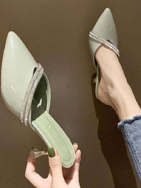 slippers stilettos with rhinestones baotou half-drag simple pure color outer wear ladies summer pointed mules., Black
slippers stilettos with rhinestones baotou half-drag simple pure color outer wear ladies summer pointed mules., Black