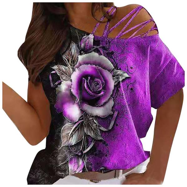 women's blouses & shirts rose print blusas one side shoulder cut-out one-neck short-sleeved t-shirt women summer off the, White
women's blouses & shirts rose print blusas one side shoulder cut-out one-neck short-sleeved t-shirt women summer off the, White