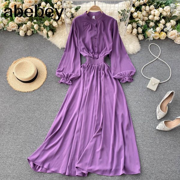 women elegant solid long dress puff sleeve o neck button a-line es spring fashion casual streetwear 210512, Black;gray
women elegant solid long dress puff sleeve o neck button a-line es spring fashion casual streetwear 210512, Black;gray