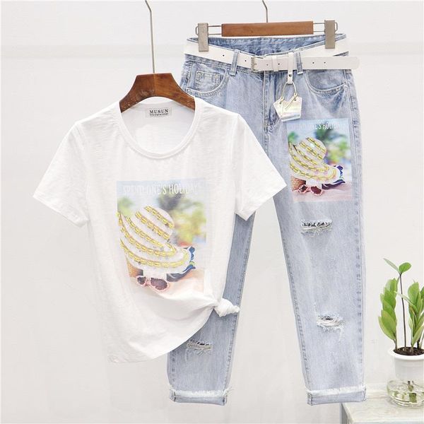 two piece dress 2021 summer t shirt woman fashion bead sequin beach hat print short sleeve t-shirt + vintage hole jeans set h019, White
two piece dress 2021 summer t shirt woman fashion bead sequin beach hat print short sleeve t-shirt + vintage hole jeans set h019, White