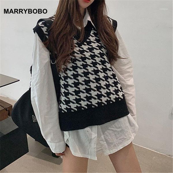 women sleeveless knitted sweater vest 2021 autumn winter houndstooth pullover korean v neck loose jumper women's sweaters, White;black
women sleeveless knitted sweater vest 2021 autumn winter houndstooth pullover korean v neck loose jumper women's sweaters, White;black