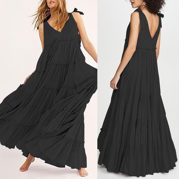 elegant summer v neck sleeveless maxi long dress women solid party vestidos casual sarafans lace up ruffles sundress dresses, Black;gray
elegant summer v neck sleeveless maxi long dress women solid party vestidos casual sarafans lace up ruffles sundress dresses, Black;gray