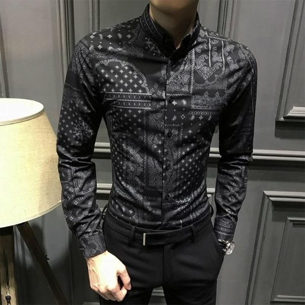 men's casual shirts 2021 autumn handsome floral shirt korean fashion personality long sleeve printed slim jacket, White;black
men's casual shirts 2021 autumn handsome floral shirt korean fashion personality long sleeve printed slim jacket, White;black