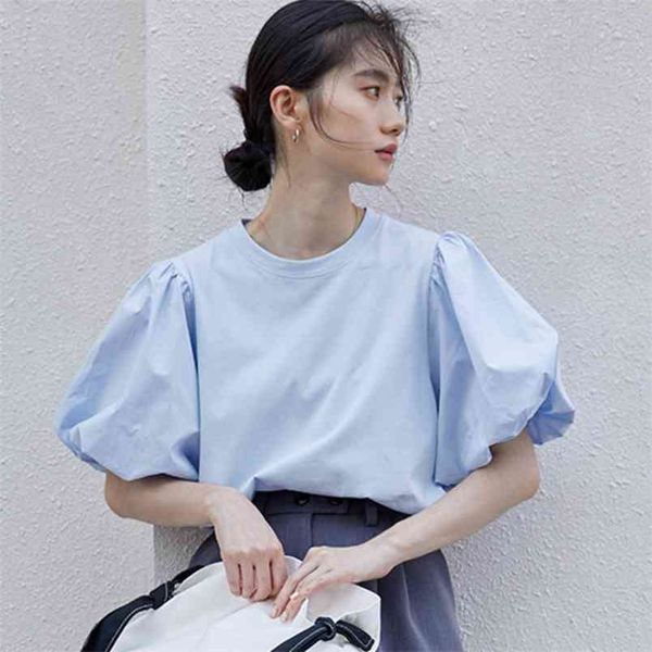 korean chic design o-neck lantern sleeve white blue women t-shirts summer loose female cotton tee ladies 210514
korean chic design o-neck lantern sleeve white blue women t-shirts summer loose female cotton tee ladies 210514