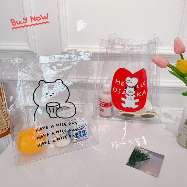 evening bags korea ins cute cartoon bear transparent jelly handbag net red pvc shopping bag beach large capacity