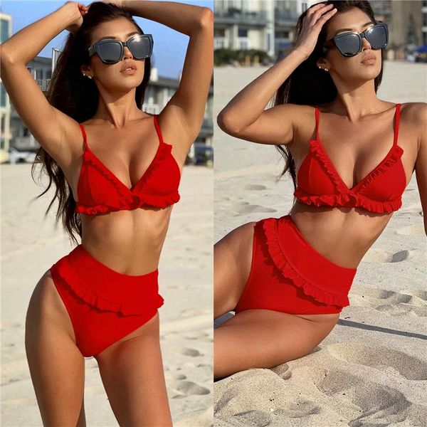 women's swimwear 2021 fashion women solid color 2pcs bikini suit deep v-neck ruffled tank with high waist triangle bottoms for summer, White;black
women's swimwear 2021 fashion women solid color 2pcs bikini suit deep v-neck ruffled tank with high waist triangle bottoms for summer, White;black
