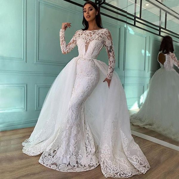 other wedding dresses long sleeve mermaid with detachable train 2022 full lace applique sheer o-neck muslim bridal dress mariée, White
other wedding dresses long sleeve mermaid with detachable train 2022 full lace applique sheer o-neck muslim bridal dress mariée, White
