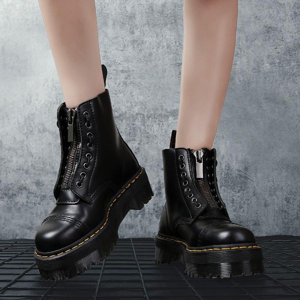 boots for women genuine leather platform ladies short round thick heels front zipper fashion rosetic punk, Black
boots for women genuine leather platform ladies short round thick heels front zipper fashion rosetic punk, Black