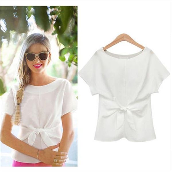 fashion solid color loose bandage womens shirts short sleeve chiffon casual round neck ladies shirt, White
fashion solid color loose bandage womens shirts short sleeve chiffon casual round neck ladies shirt, White