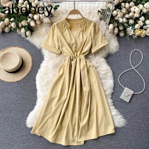 women elegant french dress summer puff sleeve v neck solid a-line office dresses fashion streetwear split midi dress 210715, Black;gray
women elegant french dress summer puff sleeve v neck solid a-line office dresses fashion streetwear split midi dress 210715, Black;gray