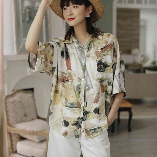 women's two piece pants oil painting collared shirts women and blouses summer short sleeve loose button up baggy shirt 15tu, White
women's two piece pants oil painting collared shirts women and blouses summer short sleeve loose button up baggy shirt 15tu, White