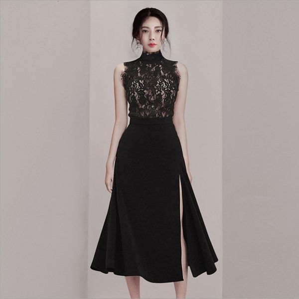 women's pants summer vintage black lace costumes for women elegant sleeveless stand collar and high waist big hem mid skirt two piece, White
women's pants summer vintage black lace costumes for women elegant sleeveless stand collar and high waist big hem mid skirt two piece, White