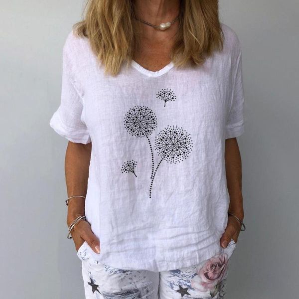 women's t-shirt women casual v neck short sleeve dandelion print cotton linen blous top, White
women's t-shirt women casual v neck short sleeve dandelion print cotton linen blous top, White