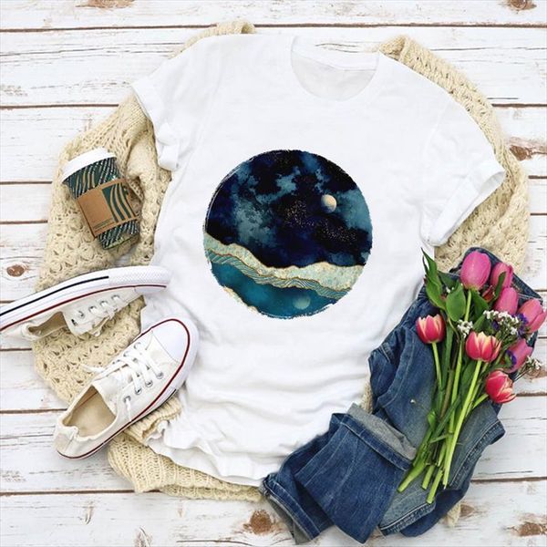 graphic moon night river 90s womens clothing print summer clothes tee female, White