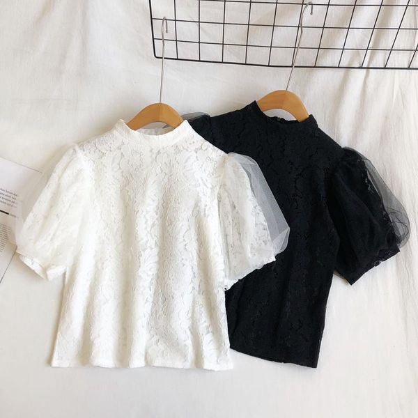 women's t-shirt sweet style puff sleeved lace women t-shirts stand collar solid slim office lady all match pulls tees, White
women's t-shirt sweet style puff sleeved lace women t-shirts stand collar solid slim office lady all match pulls tees, White