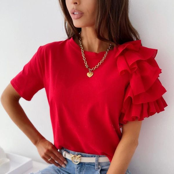 women's blouses & shirts 2021 casual o neck solid blouse shirt summer short sleeve women blusa lady fashion layered ruffle pullover st, White
women's blouses & shirts 2021 casual o neck solid blouse shirt summer short sleeve women blusa lady fashion layered ruffle pullover st, White