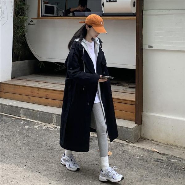 women's trench coats loose hooded sweater+double-breasted waist slim long coat winter clothes women, Tan;black
women's trench coats loose hooded sweater+double-breasted waist slim long coat winter clothes women, Tan;black