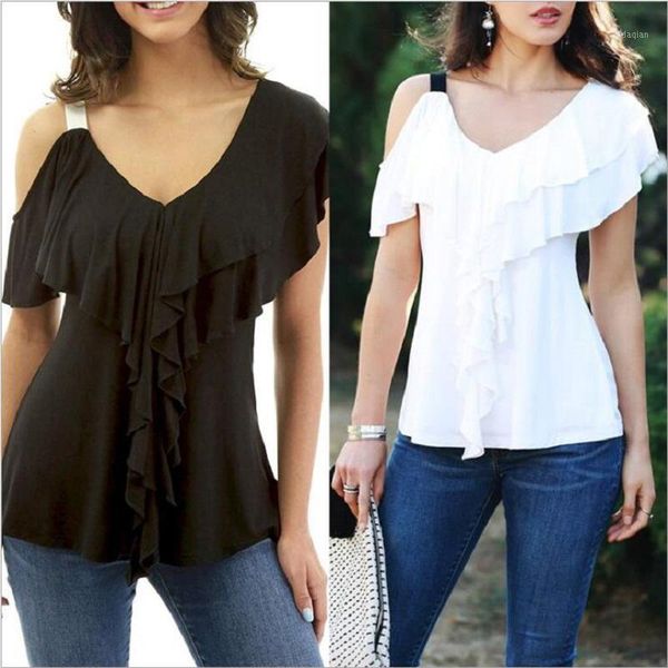 women's t-shirt fashion women for summer solid v-neck short sleeve female casual loose off shoulder ruffle, White
women's t-shirt fashion women for summer solid v-neck short sleeve female casual loose off shoulder ruffle, White