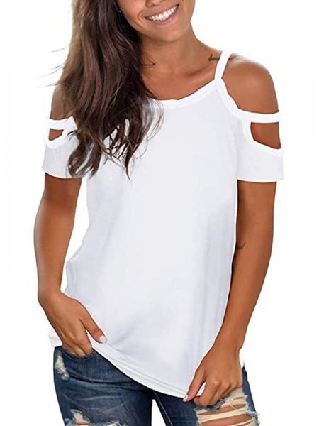 women's t-shirt ropalia casual shoulders hollow loose women round neck short-sleeved summer, White
women's t-shirt ropalia casual shoulders hollow loose women round neck short-sleeved summer, White