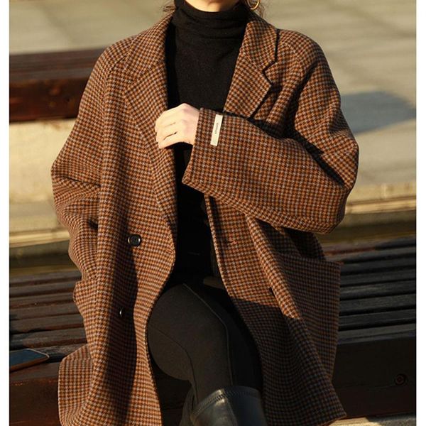 women's wool & blends 2021 autumn winter long sleeve women woolen coat korean style notched collar double breasted fashion plaid female, Black
women's wool & blends 2021 autumn winter long sleeve women woolen coat korean style notched collar double breasted fashion plaid female, Black