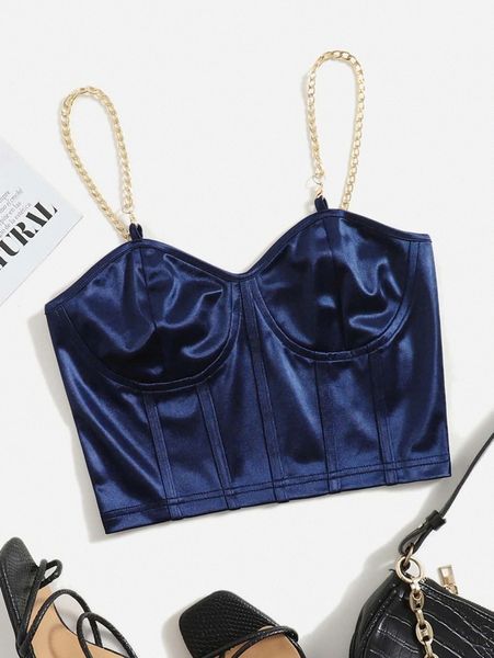 chain detail silky bustier cami crop r1de#, White 
chain detail silky bustier cami crop r1de#, White