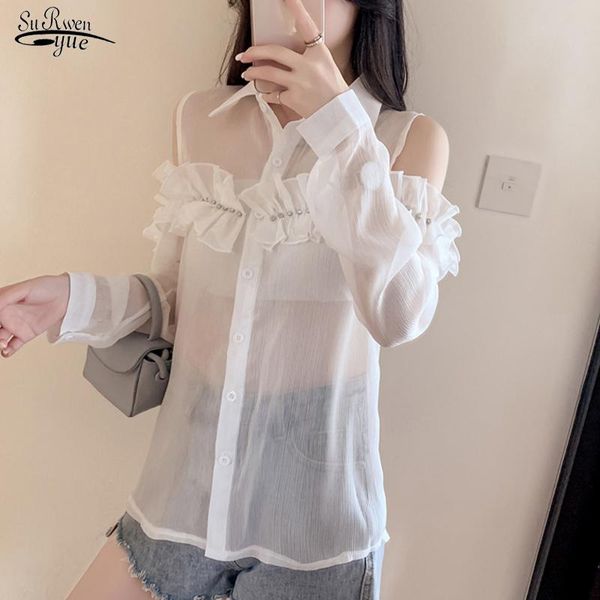 women's blouses & shirts summer chiffon sunscreen women ruffled off-shoulder trendy long-sleeved blusas mujer de moda 15389, White
women's blouses & shirts summer chiffon sunscreen women ruffled off-shoulder trendy long-sleeved blusas mujer de moda 15389, White