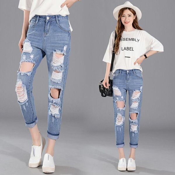 denim fabric destroy wash jeans women ripped hole high waist pants ankle-length trousers students women's, Blue
denim fabric destroy wash jeans women ripped hole high waist pants ankle-length trousers students women's, Blue
