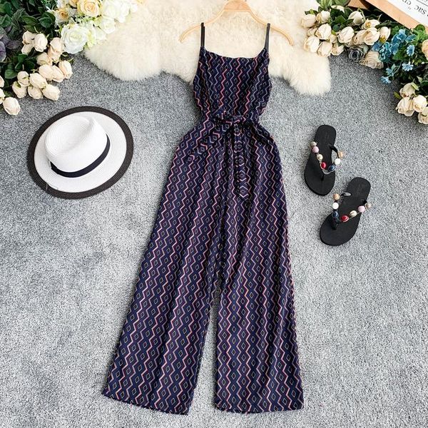women's jumpsuits & rompers bohemian v neck summer spaghetti strap geometric print full length bandage jumpsuit chiffon casual women be, Black;white