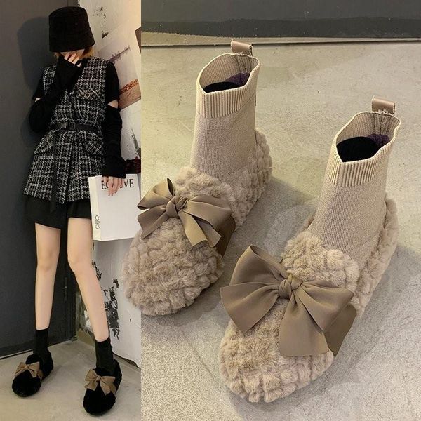 boots women's fur shoes for winter wear flat bottomed and in autumn 2021, Black