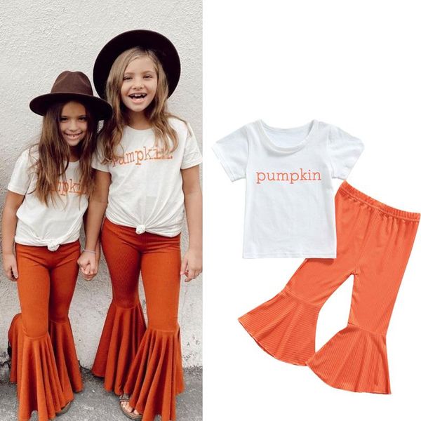 clothing sets focusnorm 1-5y kids girls halloween 2pcs clothes set letters printed short sleeve t-shirt orange solid flared pants, White 
clothing sets focusnorm 1-5y kids girls halloween 2pcs clothes set letters printed short sleeve t-shirt orange solid flared pants, White