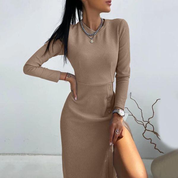 party dresses ribbed long sleeve dress women autumn round neck high split winter elegant clubwear vestidos, White;black
party dresses ribbed long sleeve dress women autumn round neck high split winter elegant clubwear vestidos, White;black