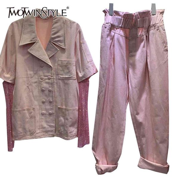 casual pink two piece set for women lapel patchwork diamond high waist loose pants female sets fashion 210428, White
casual pink two piece set for women lapel patchwork diamond high waist loose pants female sets fashion 210428, White