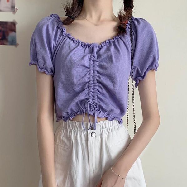 women's t-shirt solid short sleeve summer v neck sweet exposed navel knitted puff shirts, White
women's t-shirt solid short sleeve summer v neck sweet exposed navel knitted puff shirts, White